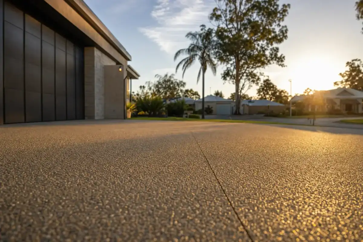 Perth residential street with finished concrete driveway in golden afternoon light