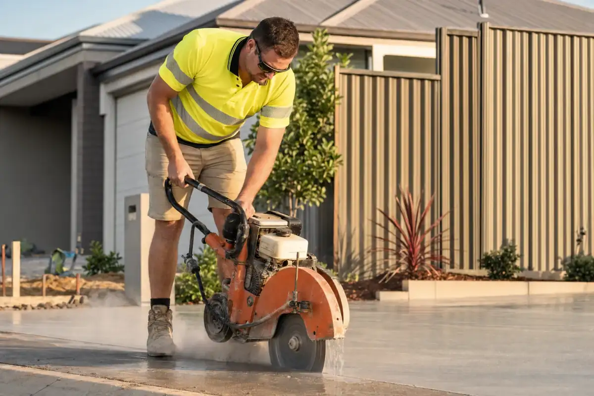 Concrete saw-cutting control joints on a Perth driveway