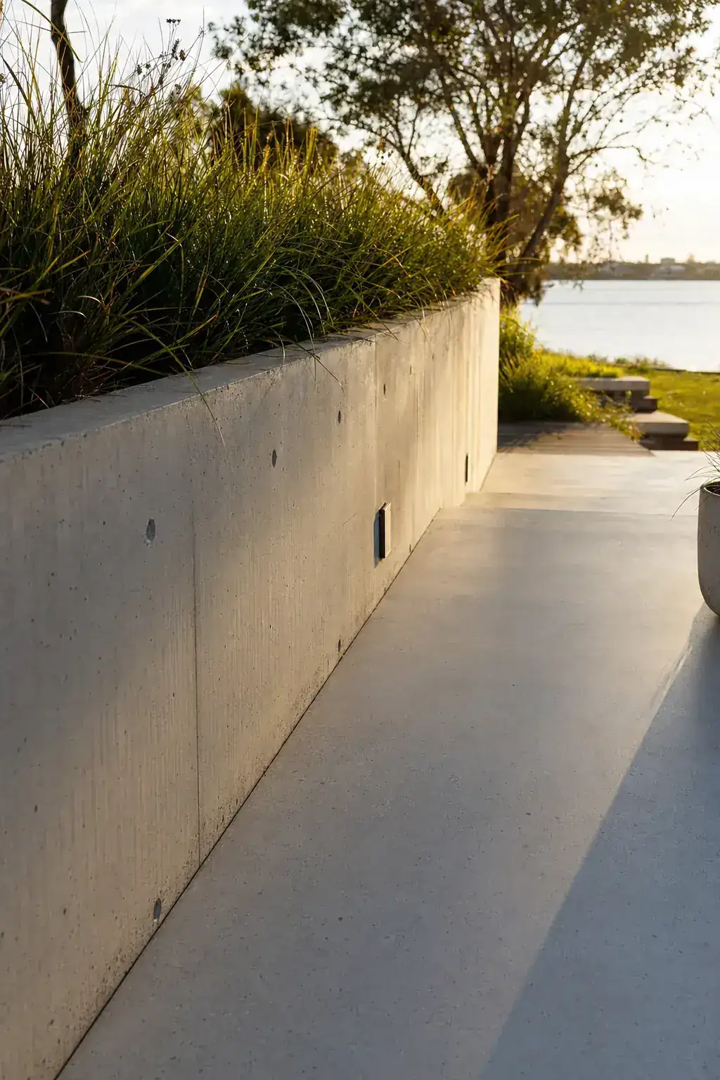 Close detail of a poured-in-place concrete retaining wall and honed structural alfresco slab beside a Swan River garden in Applecross, smooth grey honed surface