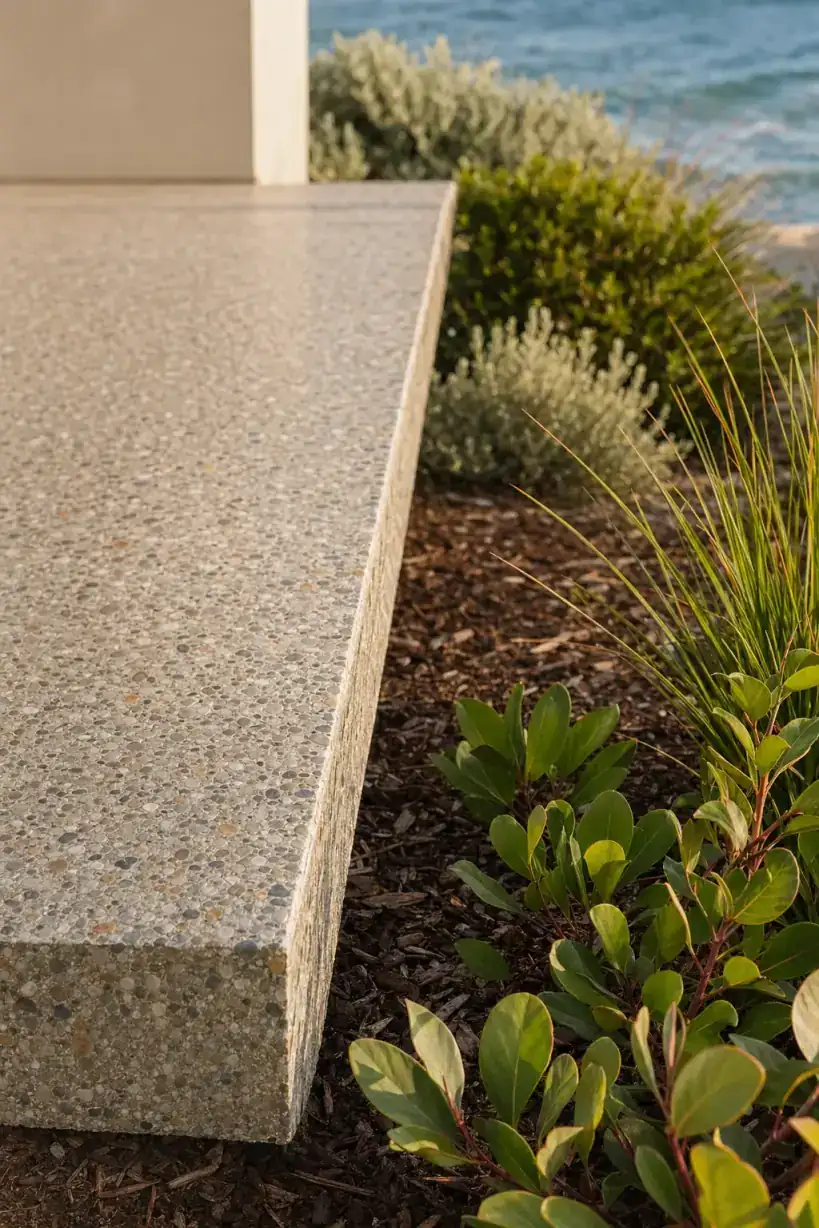 Close detail of a structural alfresco slab edge with exposed aggregate pebble finish at a City Beach coastal home, meeting outdoor garden bed with coastal plants