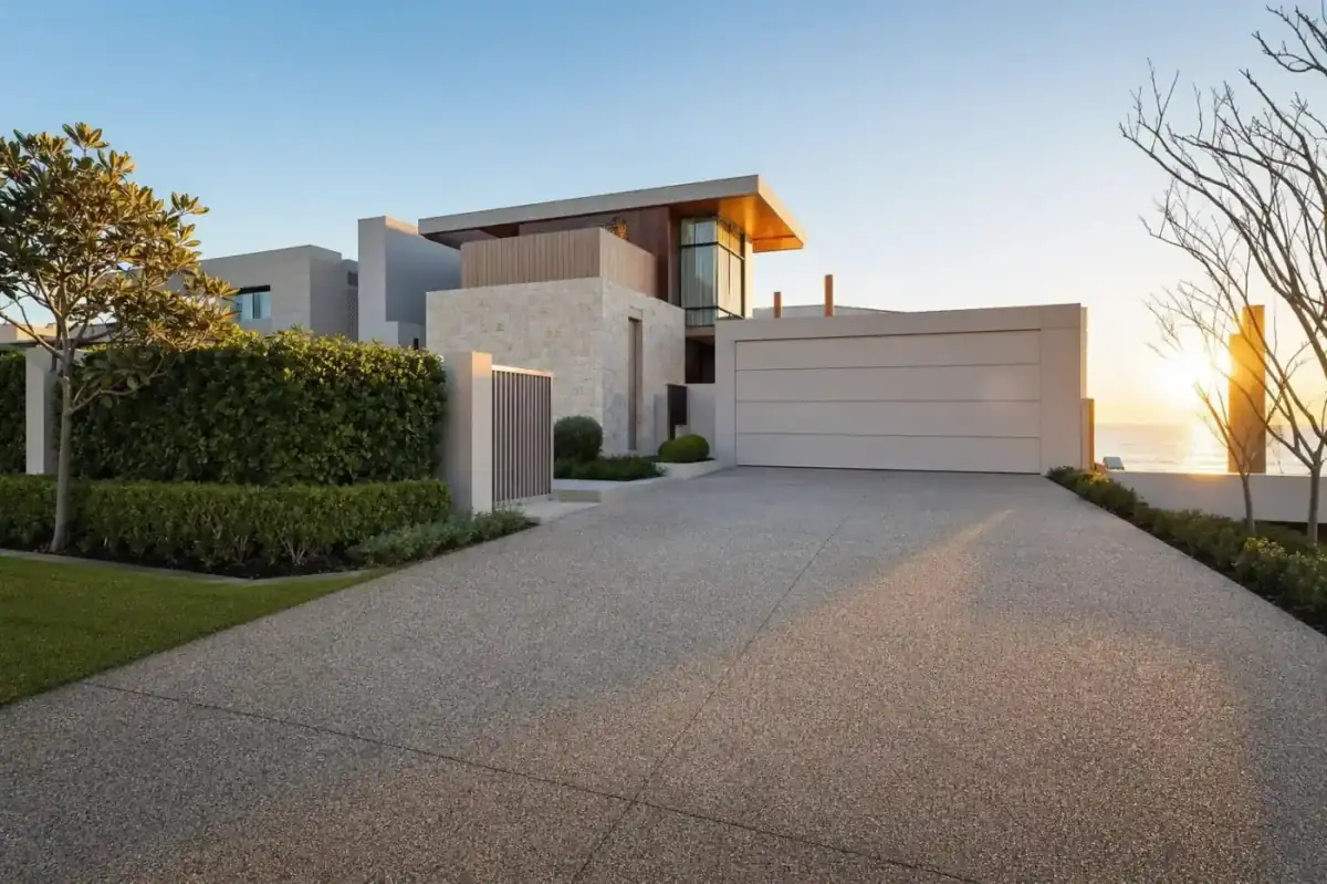Wide premium exposed aggregate concrete driveway leading to a contemporary City Beach coastal home, large block, manicured lawn and pittosporum hedge, late afternoon ocean-side golden light