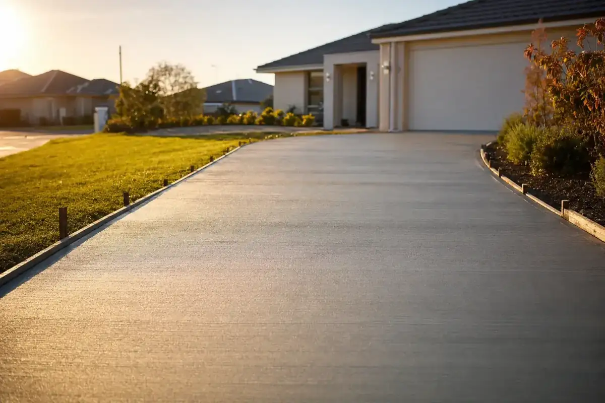 Freshly poured and broomed concrete driveway in a Perth suburb, edged clean with expansion joints cut at correct spacings