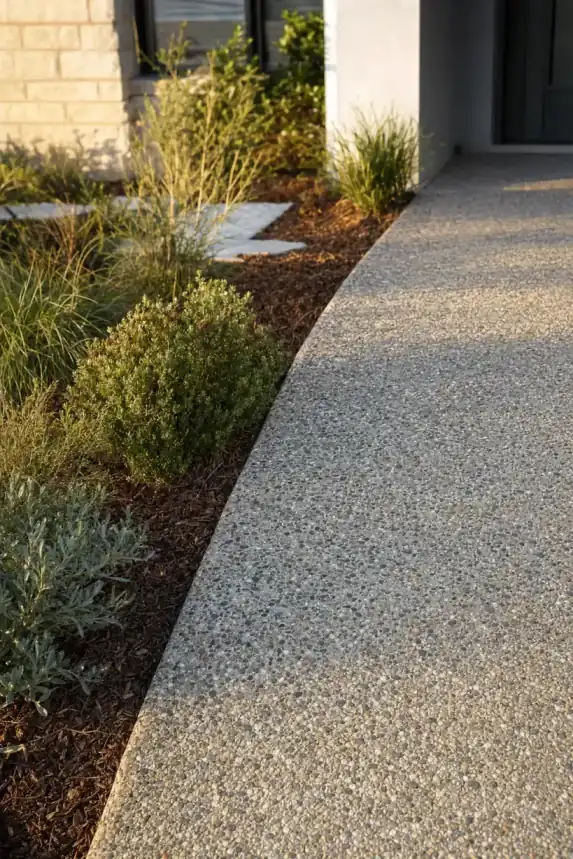 Close detail of an exposed aggregate concrete front entry path with sealed pebble finish at a Joondalup new-estate home with manicured native garden bed