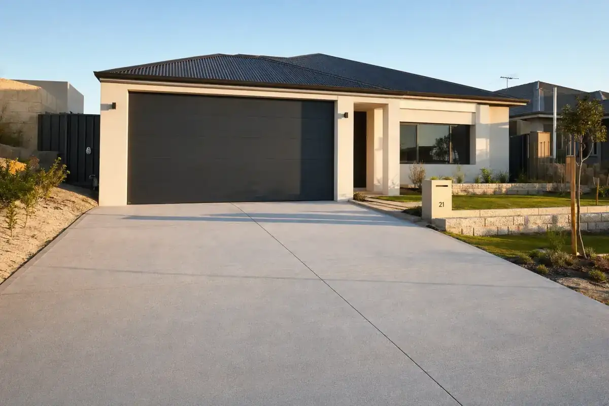 Wide newly poured plain brushed concrete driveway in front of a modern Joondalup residential home on a large suburban block, fresh saw-cut control joints, late afternoon golden light