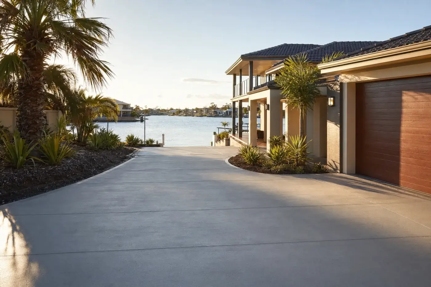 Newly poured concrete driveway leading to a Mandurah canal-estate home, calm water canal in distance, large block, late afternoon golden Peel-region light