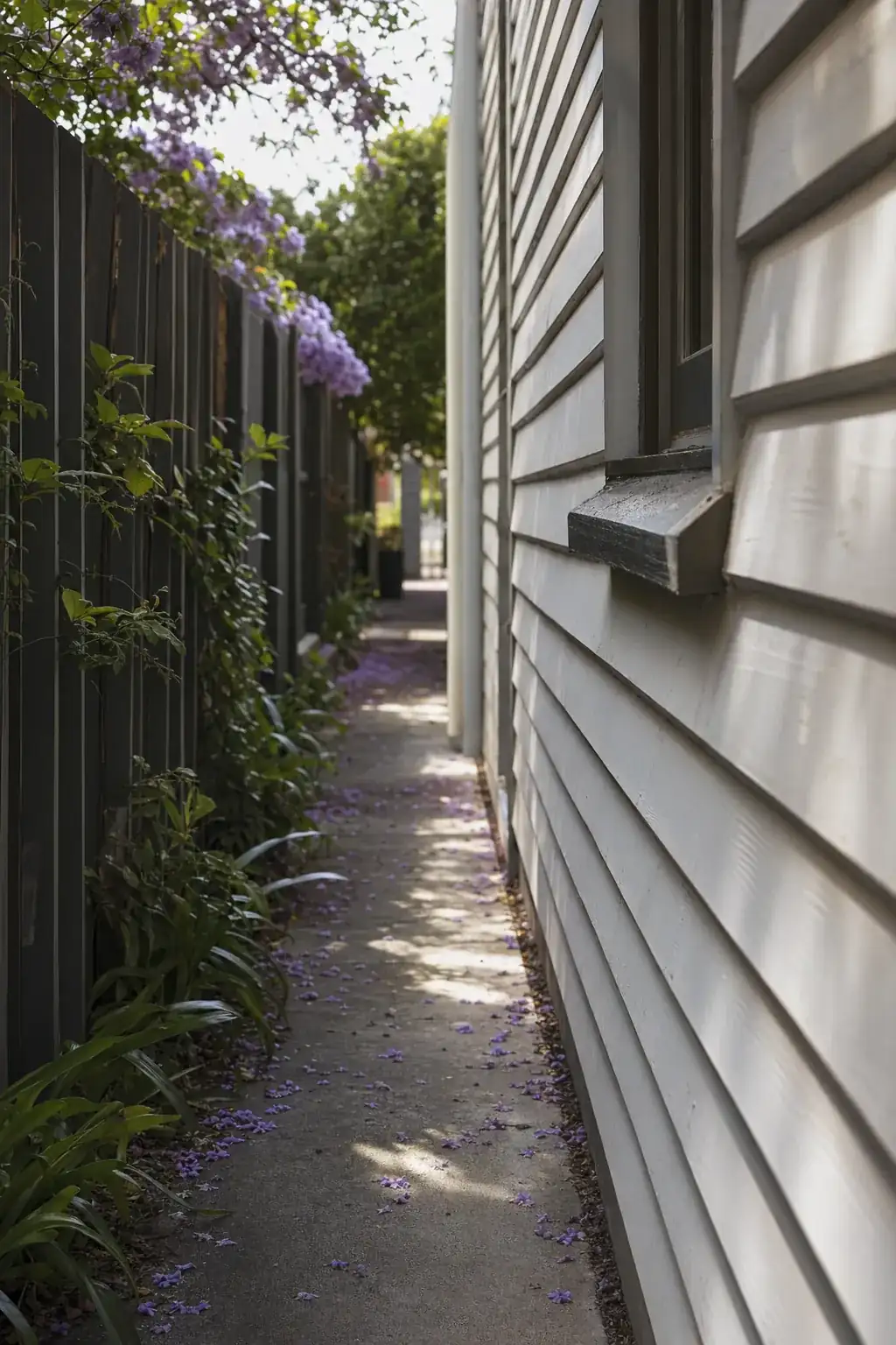 Close detail of a brushed concrete side passage path between two heritage homes in Mount Lawley, narrow 900mm width, painted weatherboard wall, fallen jacaranda blossom