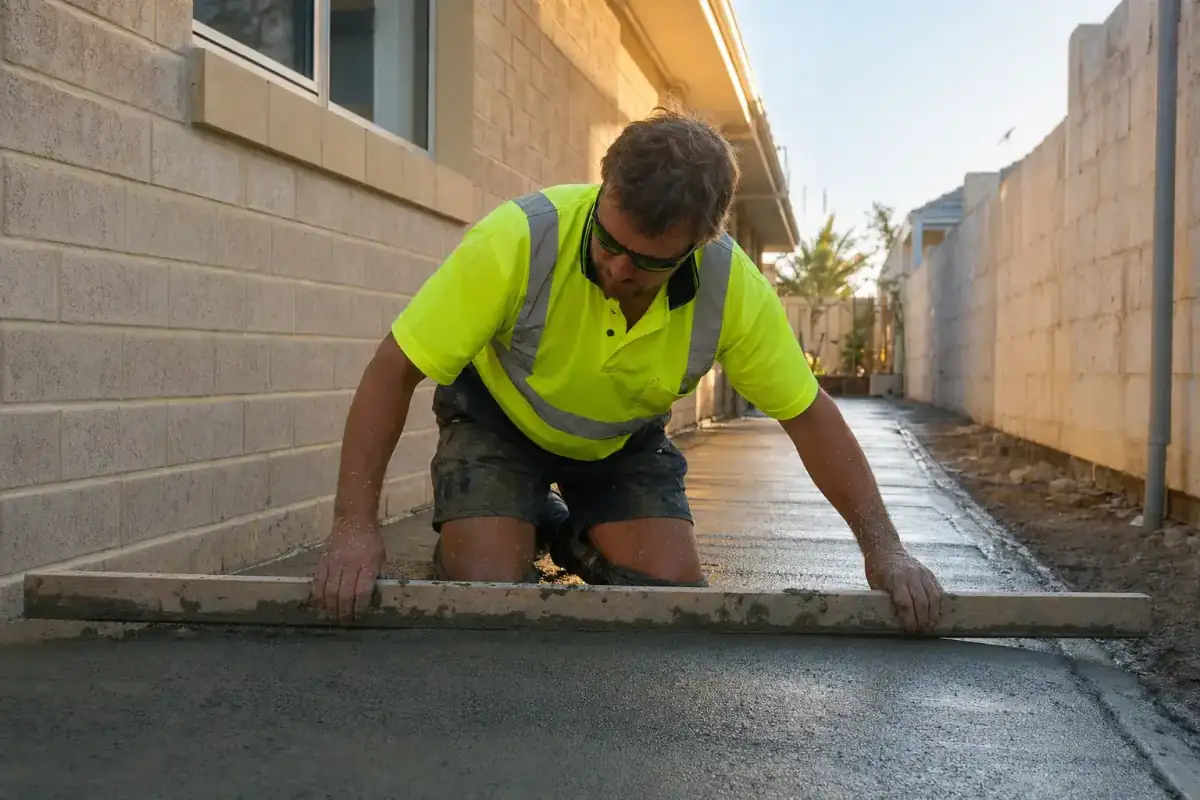 Concrete Contractors Perth tradie screeding a narrow side-passage concrete pathway in golden afternoon light