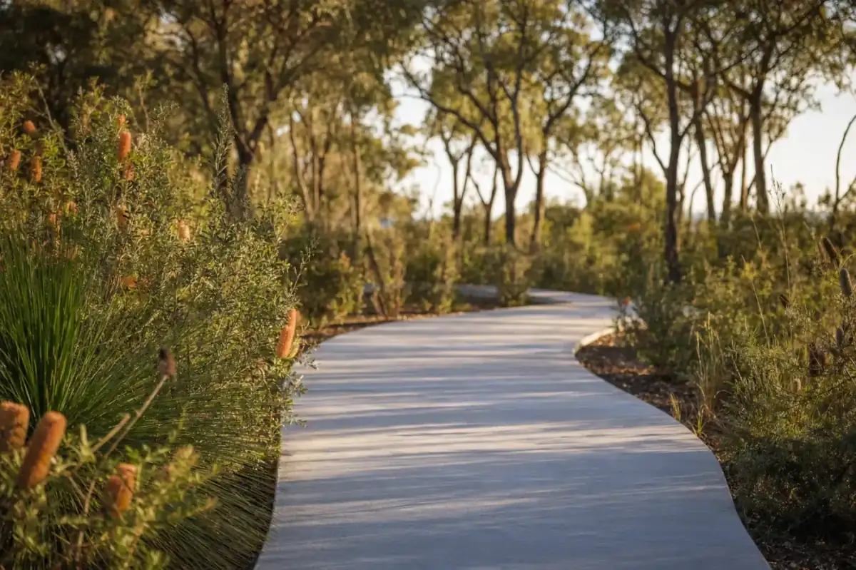 Freshly poured and broomed concrete pathway along the side of a Perth home, crisp steel-edged finish with expansion joints