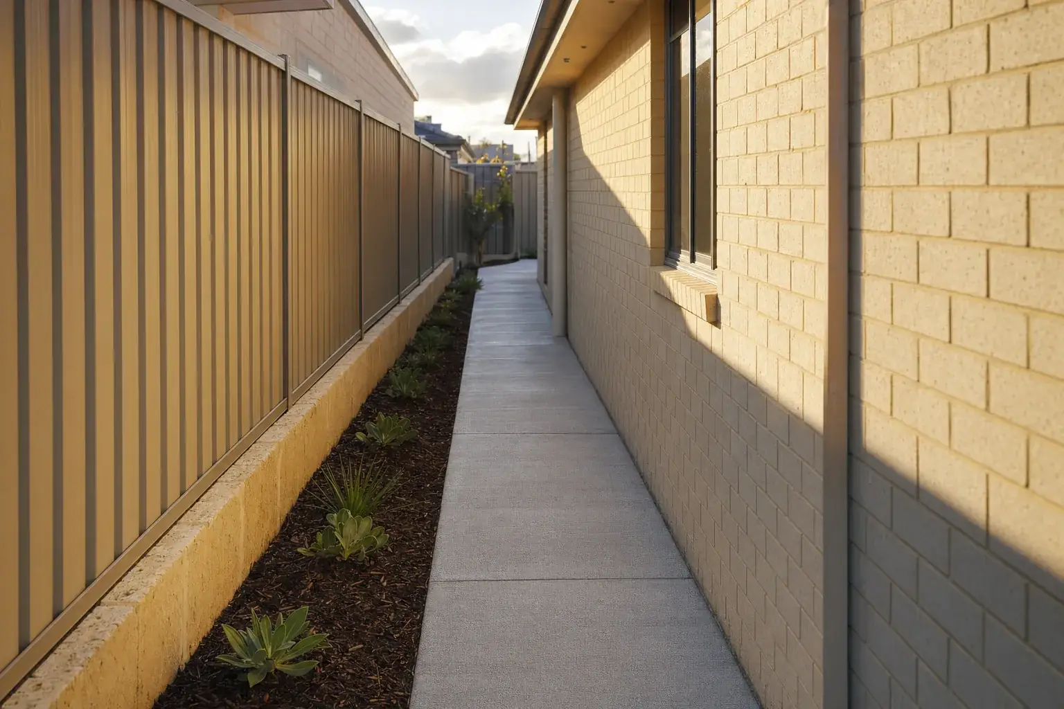 Narrow concrete side-passage pathway between two Perth homes