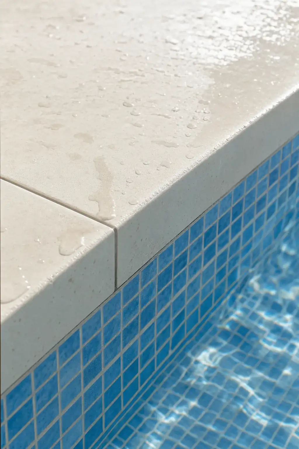 Close detail of a liquid limestone pool surround coping edge in Scarborough, smooth cream surface meeting blue swimming pool tile, water droplets
