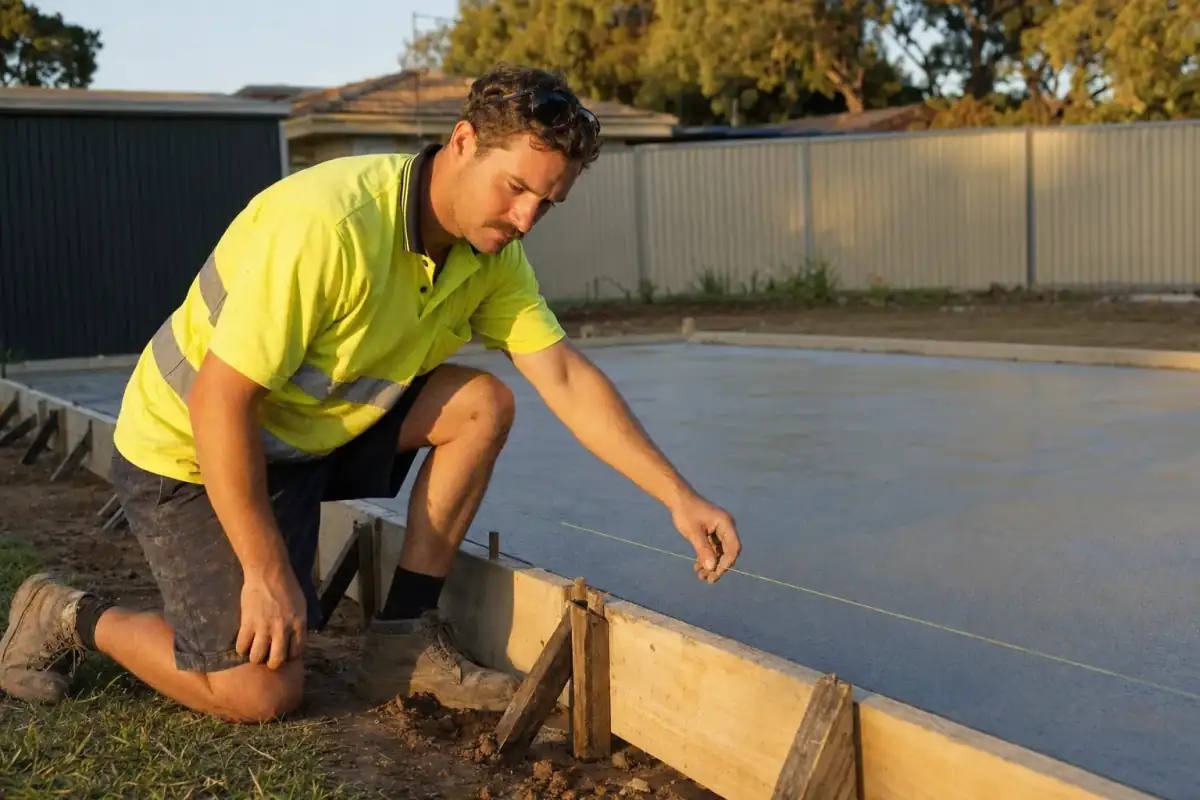 Concrete Contractors Perth crew checking the level of a freshly poured residential shed slab in golden afternoon light