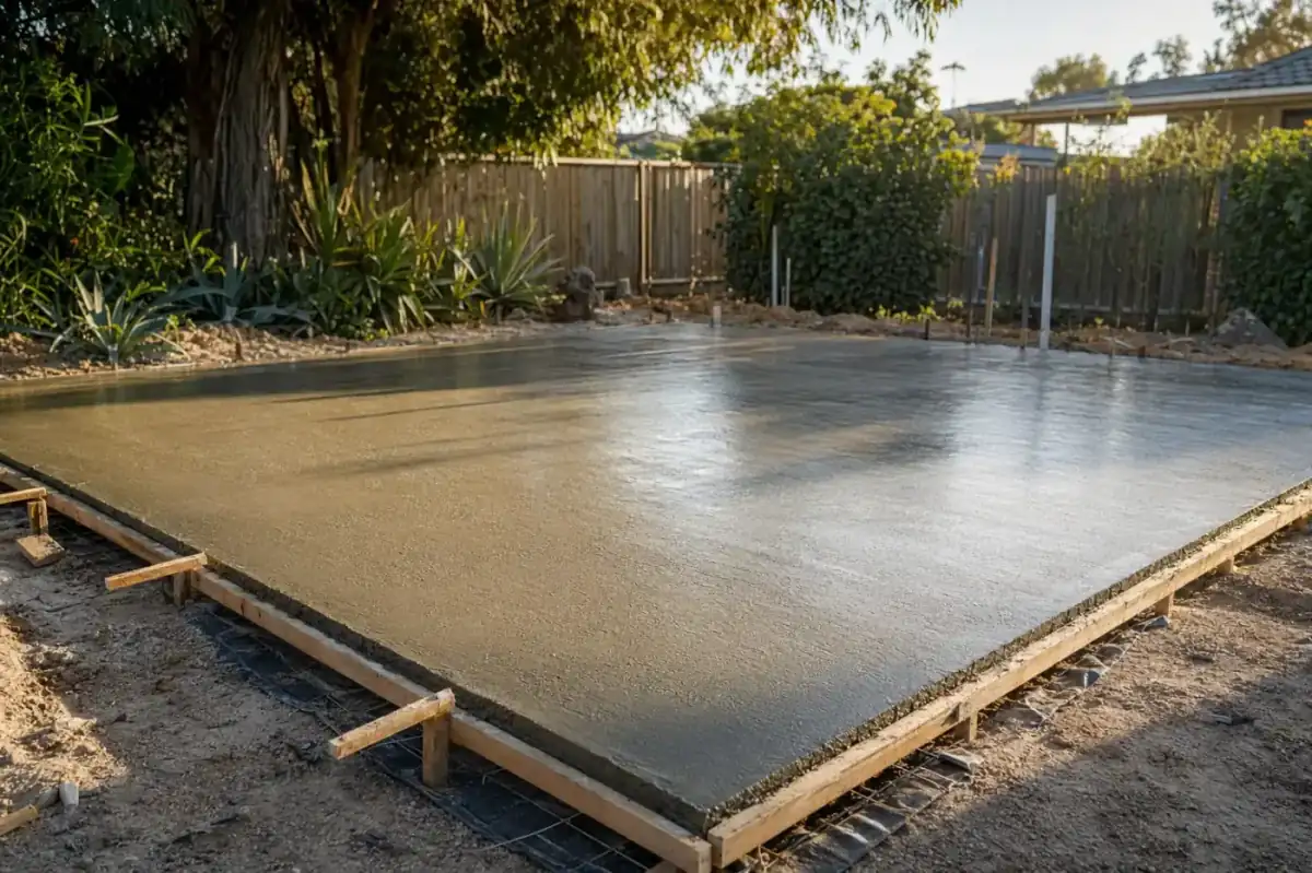 Steel-reinforced concrete slab being poured for a residential shed in Perth, formwork in place and pump hose visible