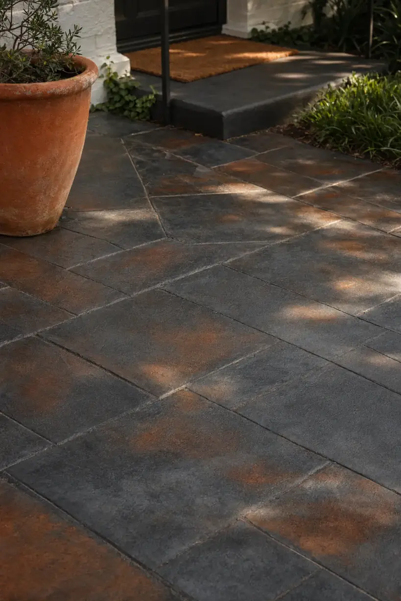 Close detail of a stamped concrete courtyard slab in slate pattern outside a Subiaco character cottage, charcoal and rust tones