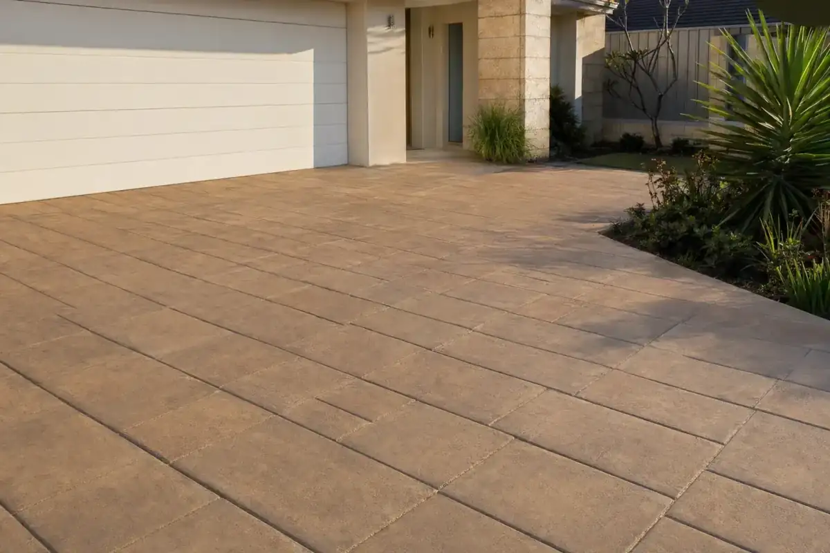 Ashlar pattern stamped concrete driveway in Perth
