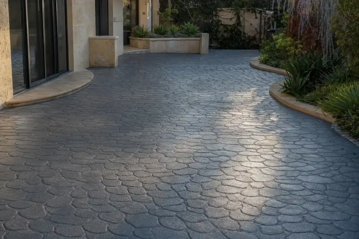 Cobblestone pattern stamped concrete in a Perth backyard