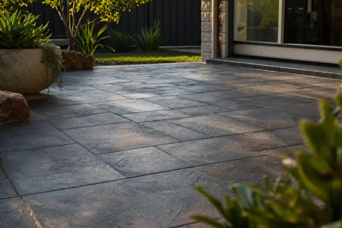 Stamped concrete path in a Perth backyard, showing slate-pattern texture with integral colour and sawn-joint detailing