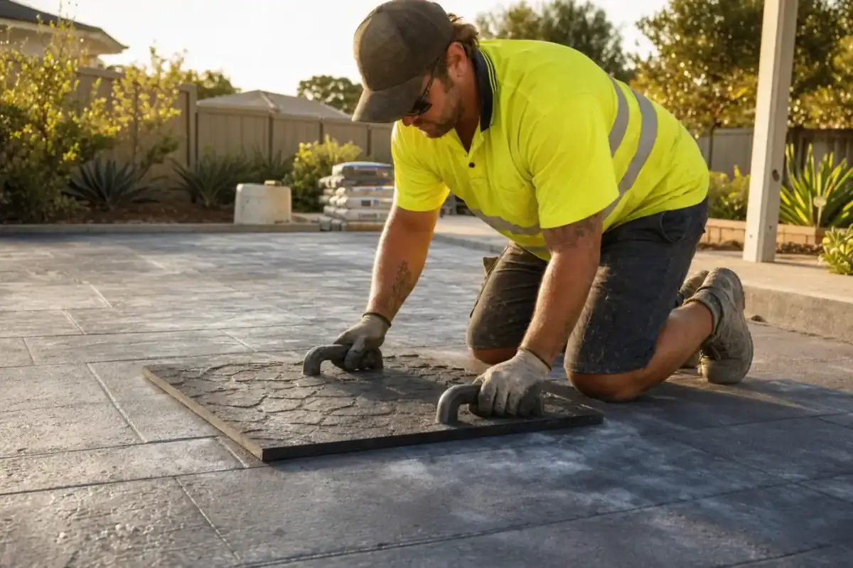 Concrete Contractors Perth tradie pressing a slate-pattern stamp into freshly placed decorative concrete in golden afternoon light