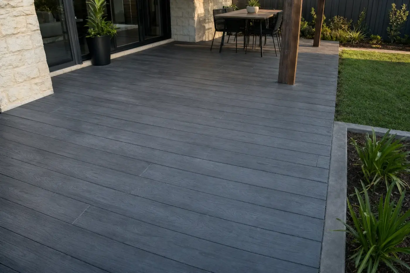 Timber-look stamped concrete plank pattern on a Perth alfresco deck