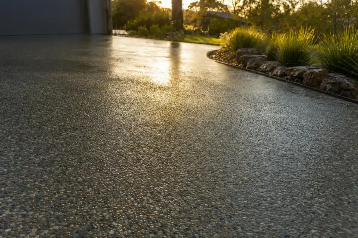 Completed exposed aggregate concrete driveway in Perth, showing river pebble finish sealed and gleaming in afternoon light
