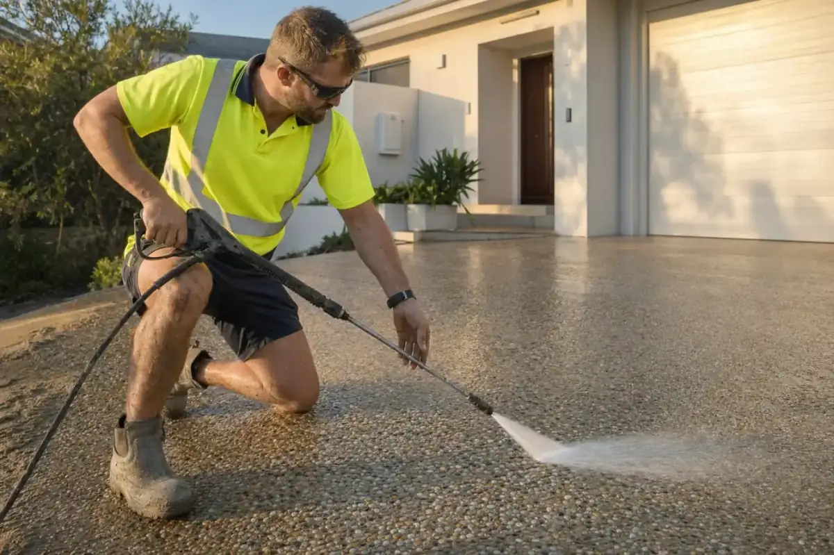 Concrete Contractors Perth tradie water-blasting fresh concrete to reveal exposed aggregate texture