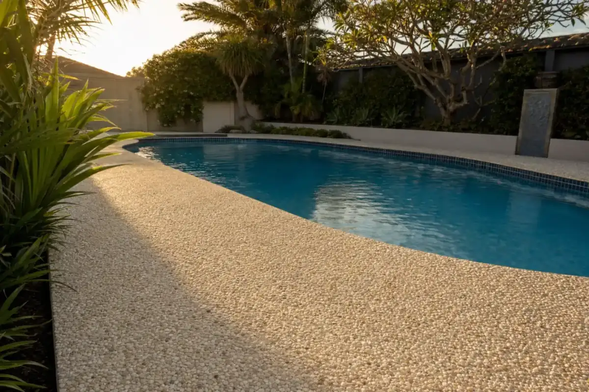 Exposed aggregate pool surround with creamy pebble finish in Perth