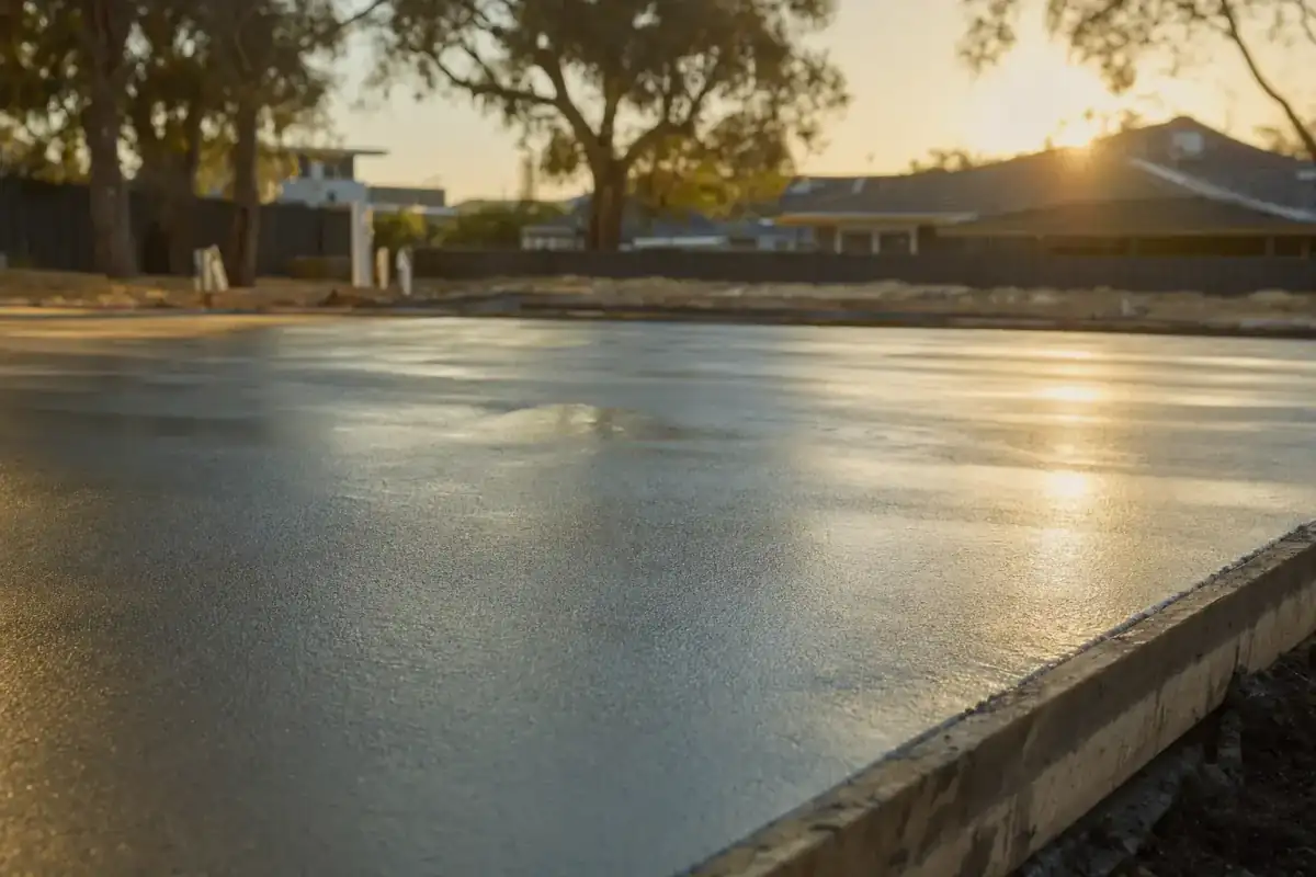 Power-trowelled residential concrete slab in Perth, freshly poured and finished by Concrete Contractors Perth