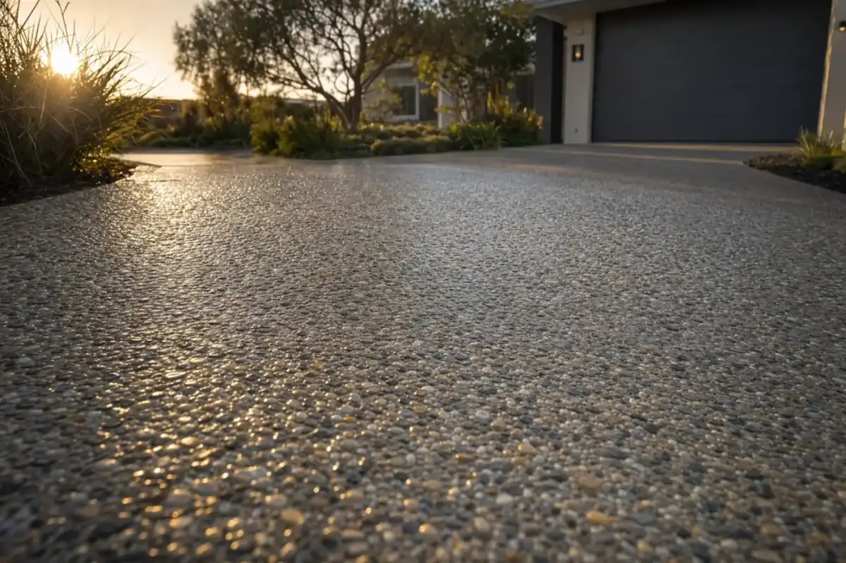 Close-up of exposed aggregate concrete surface showing graded stone texture, Perth