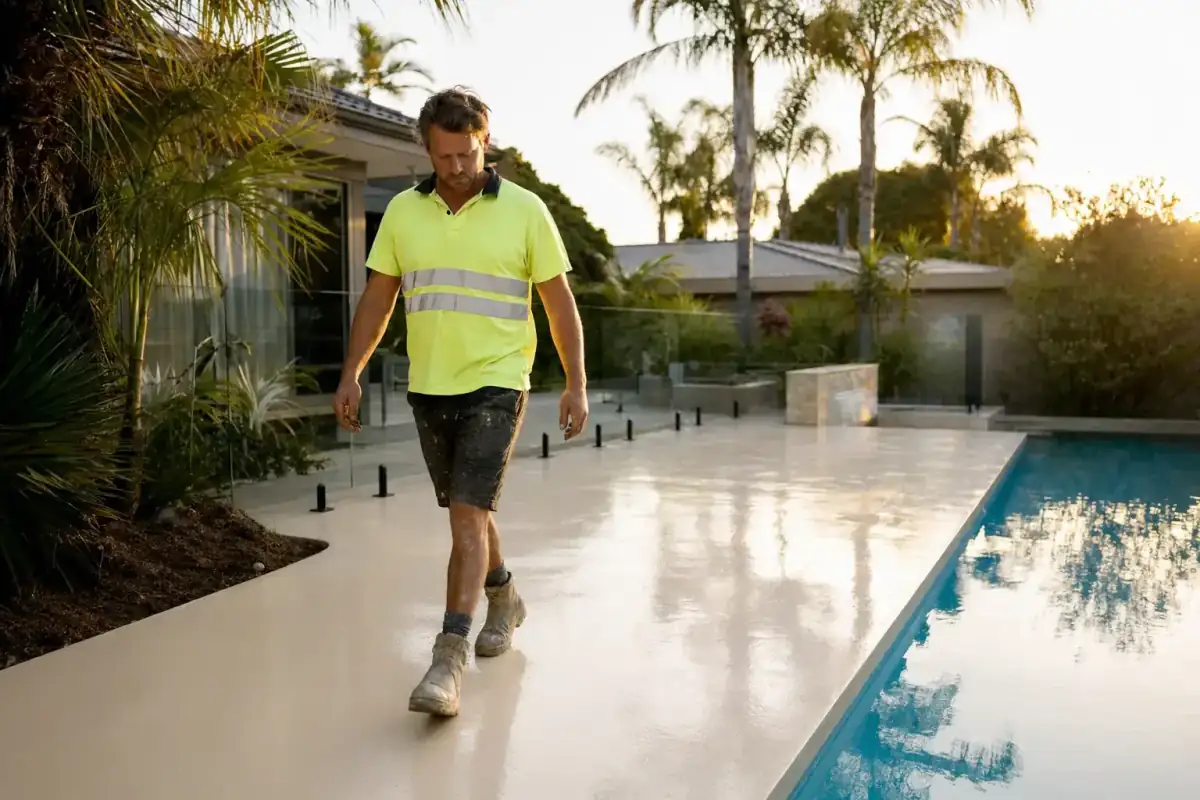 Pale liquid limestone pool surround in a Perth backyard