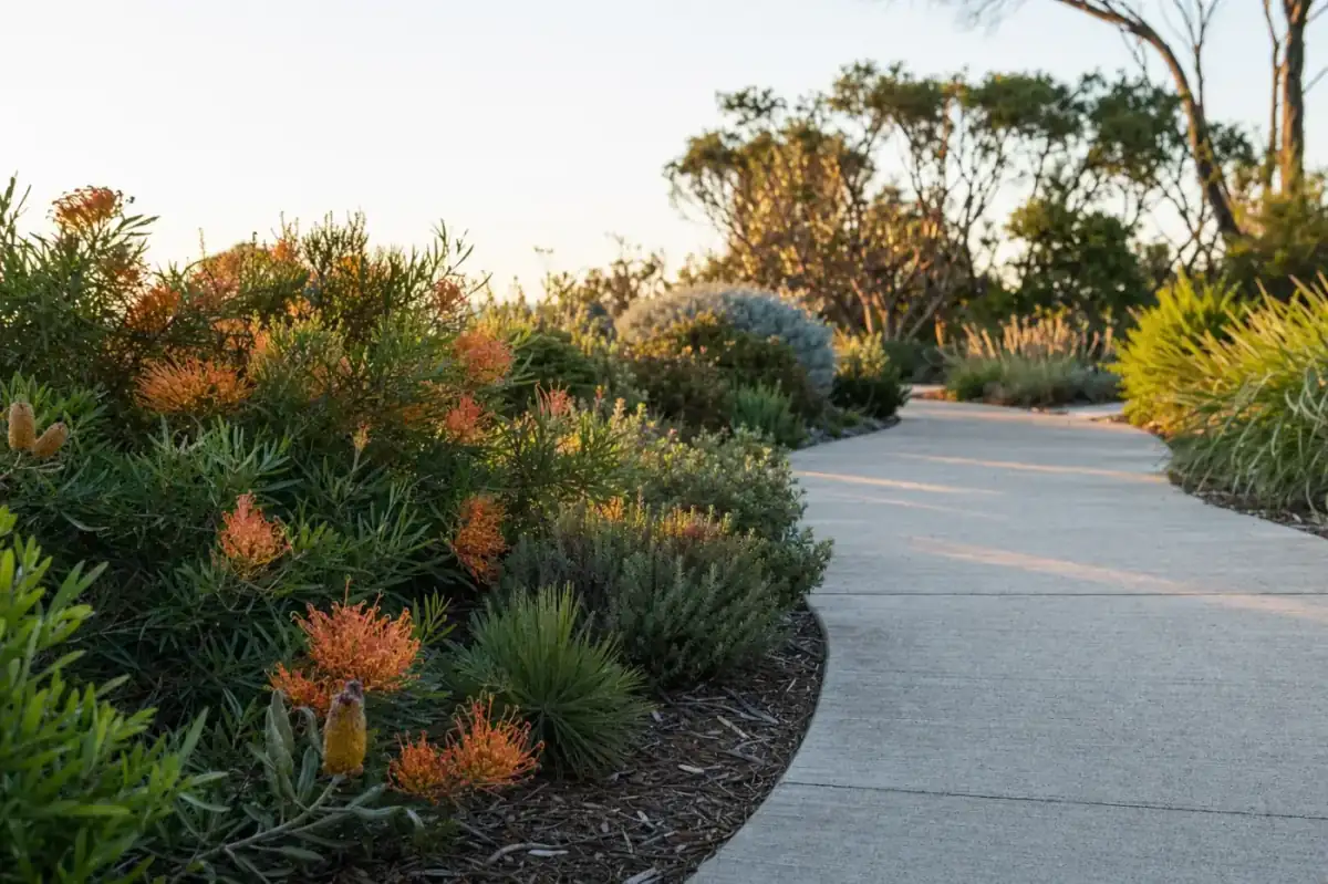 Concrete pathway through native garden, cleanly edged and broom-finished