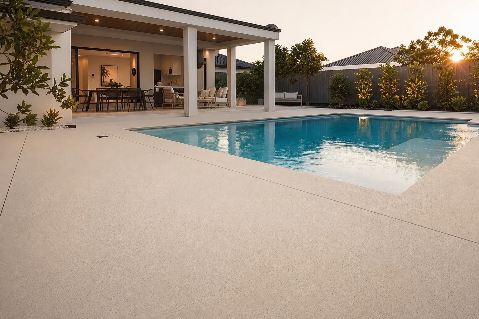 Finished liquid limestone pool surround in a Perth backyard, smooth cream finish around the pool