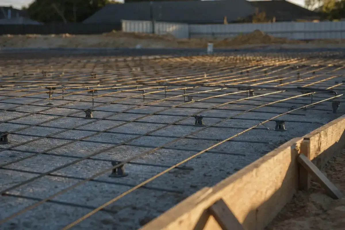 Steel reinforcement mesh laid out on bar chairs over Perth residential sub-base, ready for pour