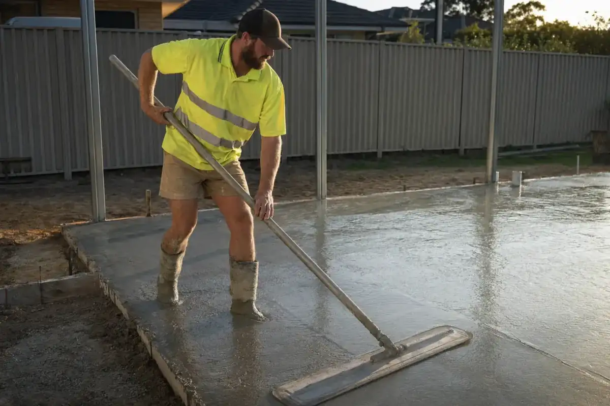 Freshly poured concrete shed slab with bull float in Perth
