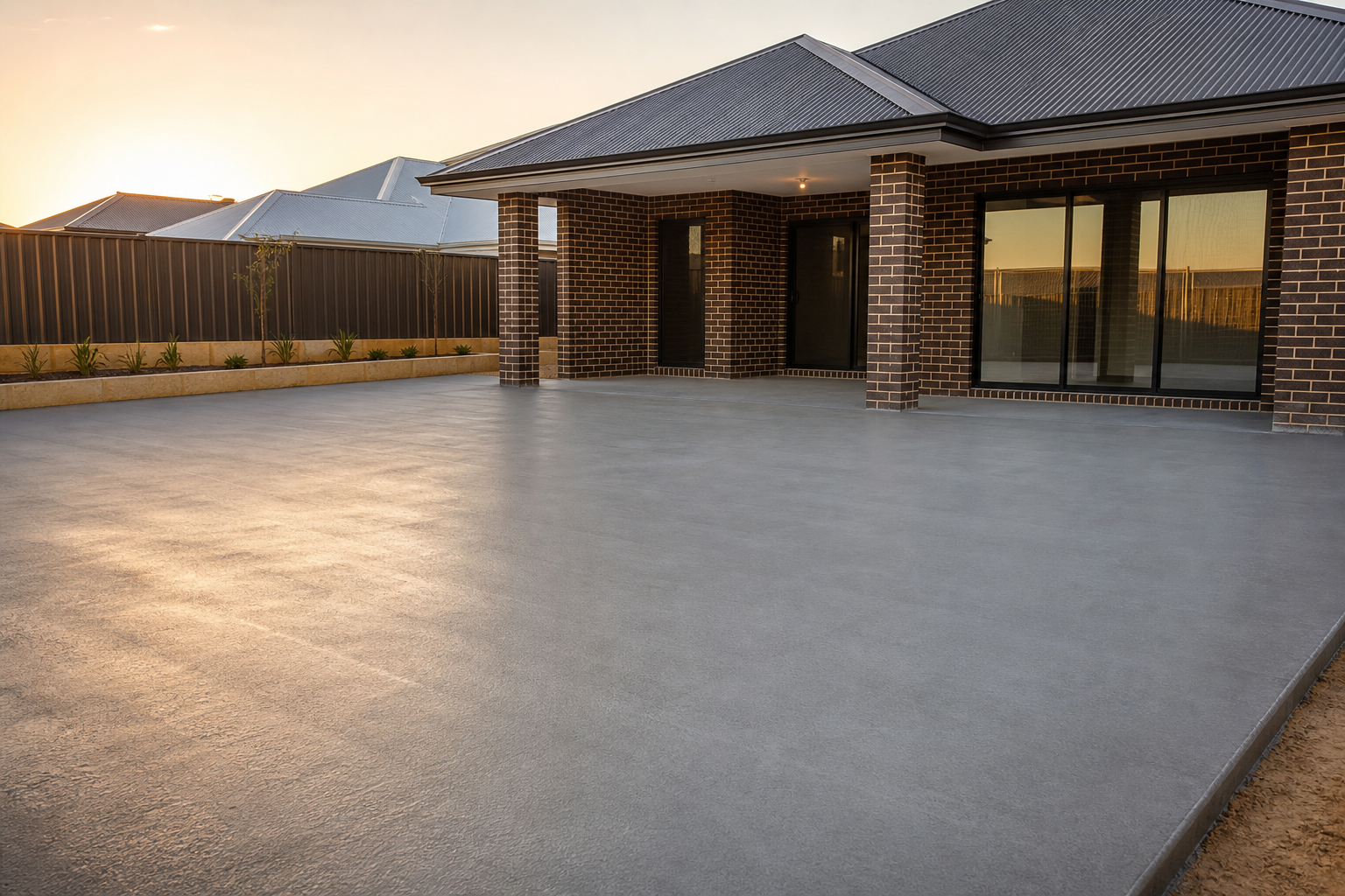 Finished residential concrete slab in a Perth backyard, smooth power-trowel finish, ready for use
