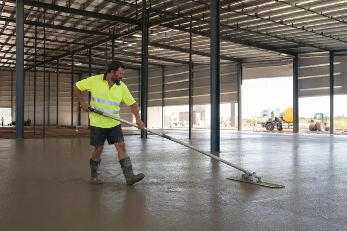 Concrete warehouse floor showing expansion joints and surface cracks, Perth commercial slab maintenance