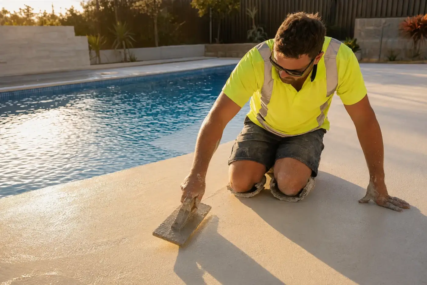 Concrete Contractors Perth tradie hand-trowelling a fresh liquid limestone pool surround in golden afternoon light