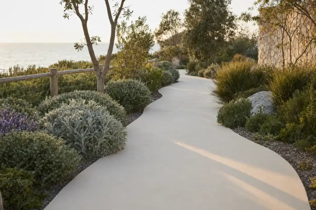 Pale liquid limestone pathway through a Perth coastal garden