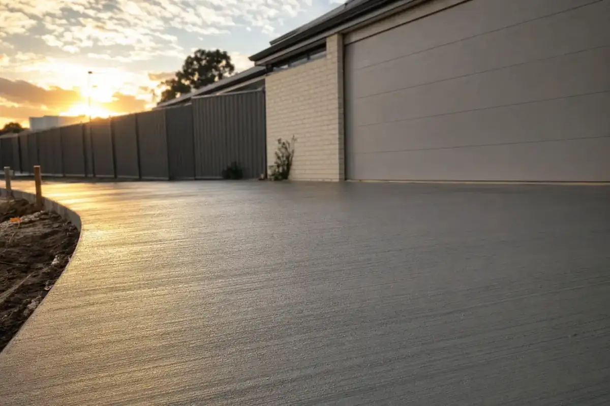 Freshly poured concrete driveway at dusk in a Perth suburb