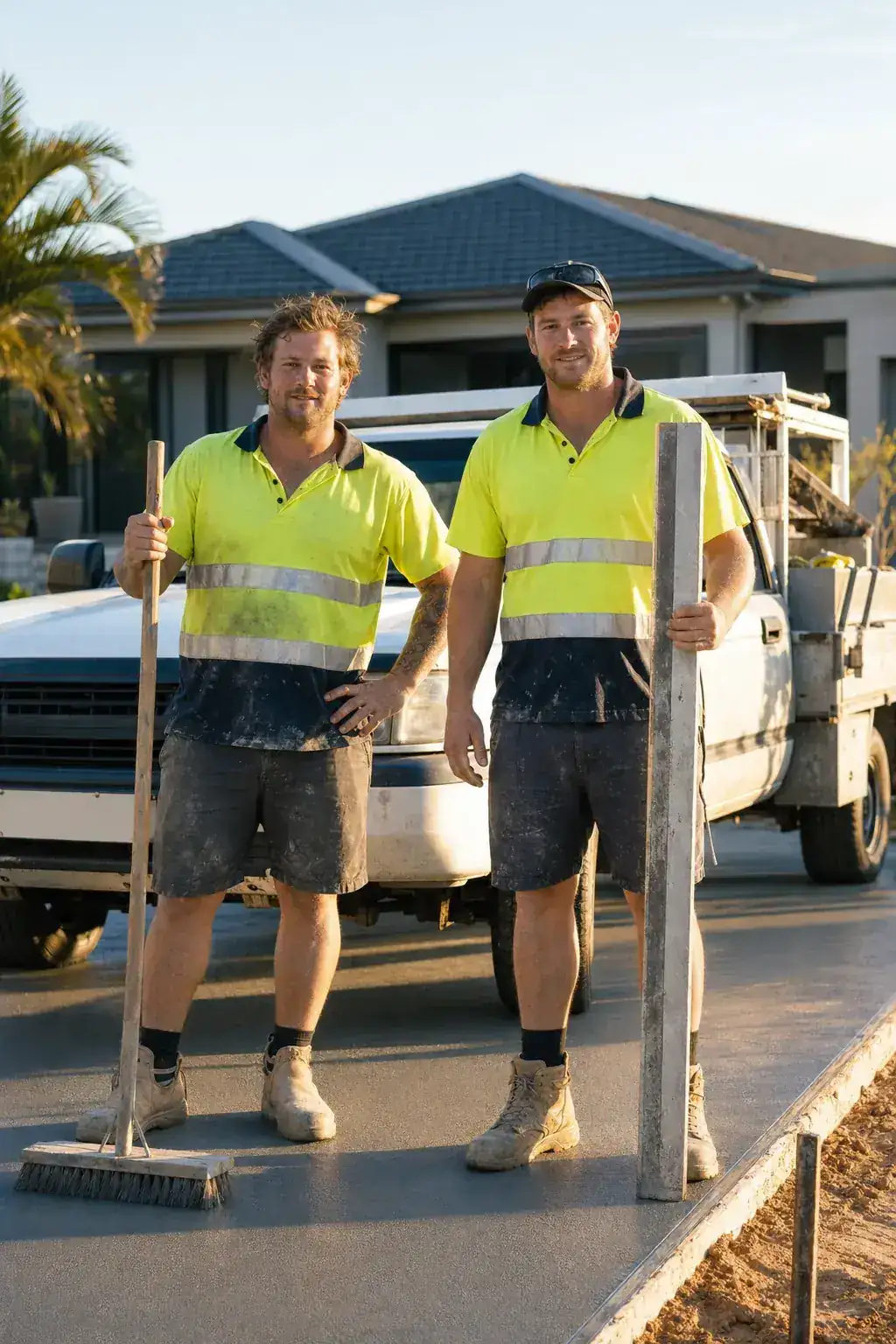 Two Concrete Contractors Perth tradies on a finished exposed-aggregate driveway, late-afternoon Perth light